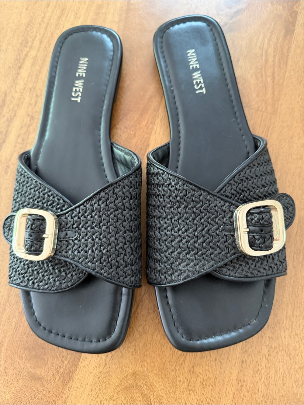 Nine West Black Woven Slide Sandals with Gold Buckles